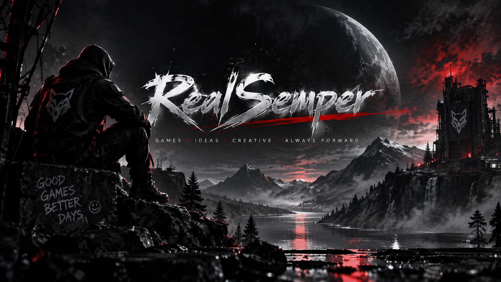 RealSemper-Schriftzug über einem nebligen Bergtal mit See, einem riesigen Mond und einer rot beleuchteten Festung. Links blickt eine Figur mit Kapuze ins Tal.